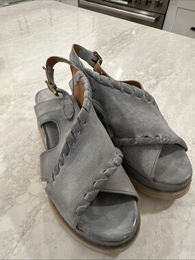 A.S.98 Light Gray Leather Braided Peep-Toe Wedge Sandals